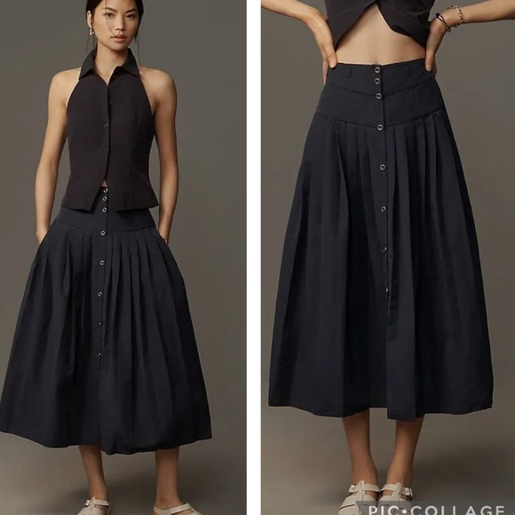 Anthropologie Dresses & Skirts - Anthropologie Maeve Pleated Button-Front Basque-Waist Midi Skirt Size 6